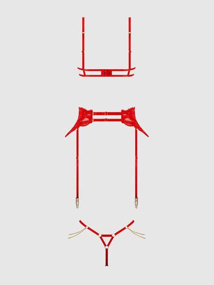 House of Desire Cecily Lace & Chain Open Cups Bra Set Red