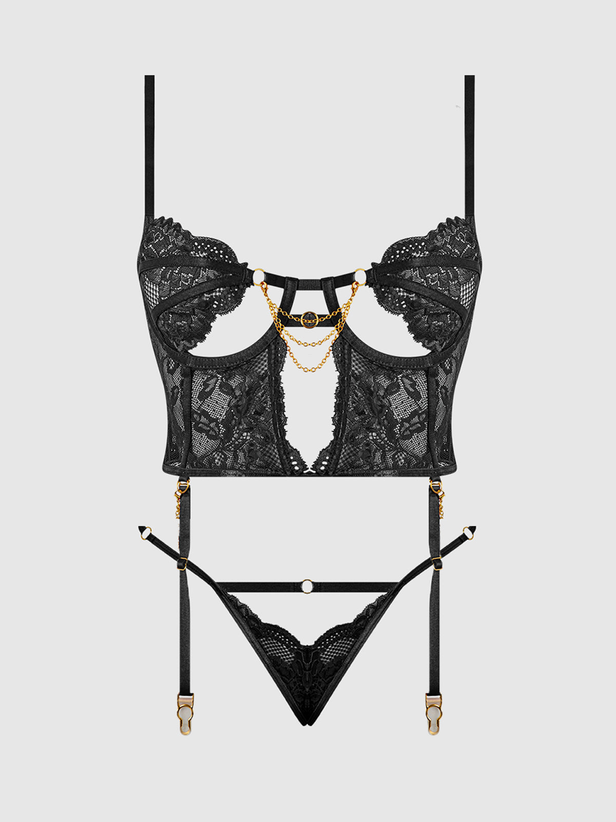 House of Desire Cecily Lace & Chain Bustier & Backless Hipster Set Black