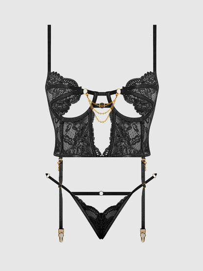 House of Desire Cecily Lace & Chain Bustier & Backless Hipster Set Black