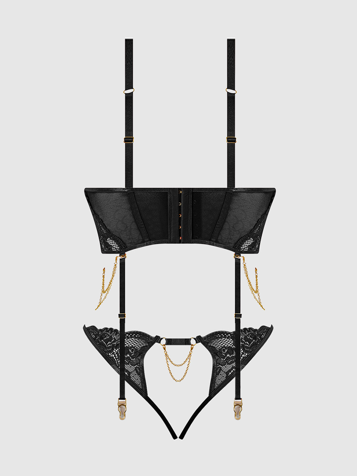 House of Desire Cecily Lace & Chain Bustier & Backless Hipster Set Black