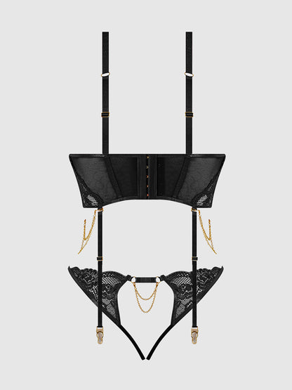 House of Desire Cecily Lace & Chain Bustier & Backless Hipster Set Black