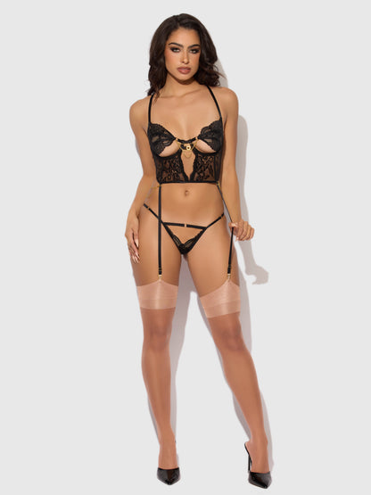 House of Desire Cecily Lace & Chain Bustier & Backless Hipster Set Black
