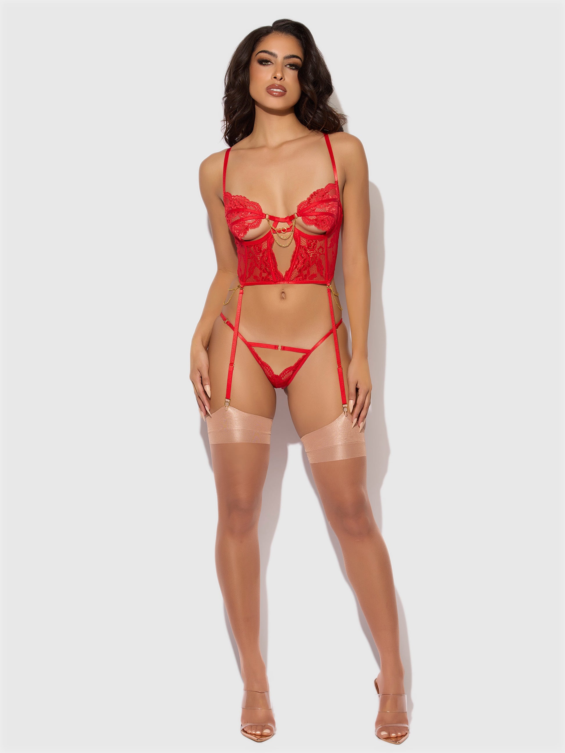 House of Desire Cecily Lace & Chain Bustier & Backless Hipster Set Red