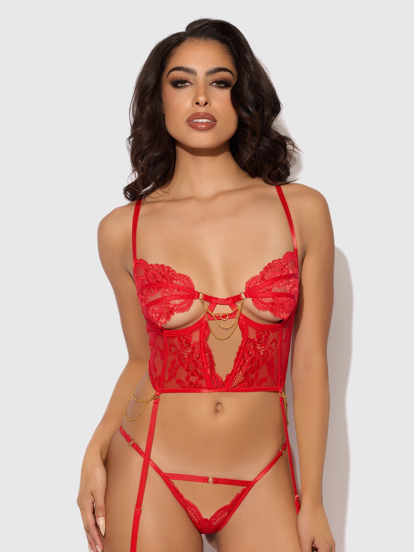 House of Desire Cecily Lace & Chain Bustier & Backless Hipster Set Red