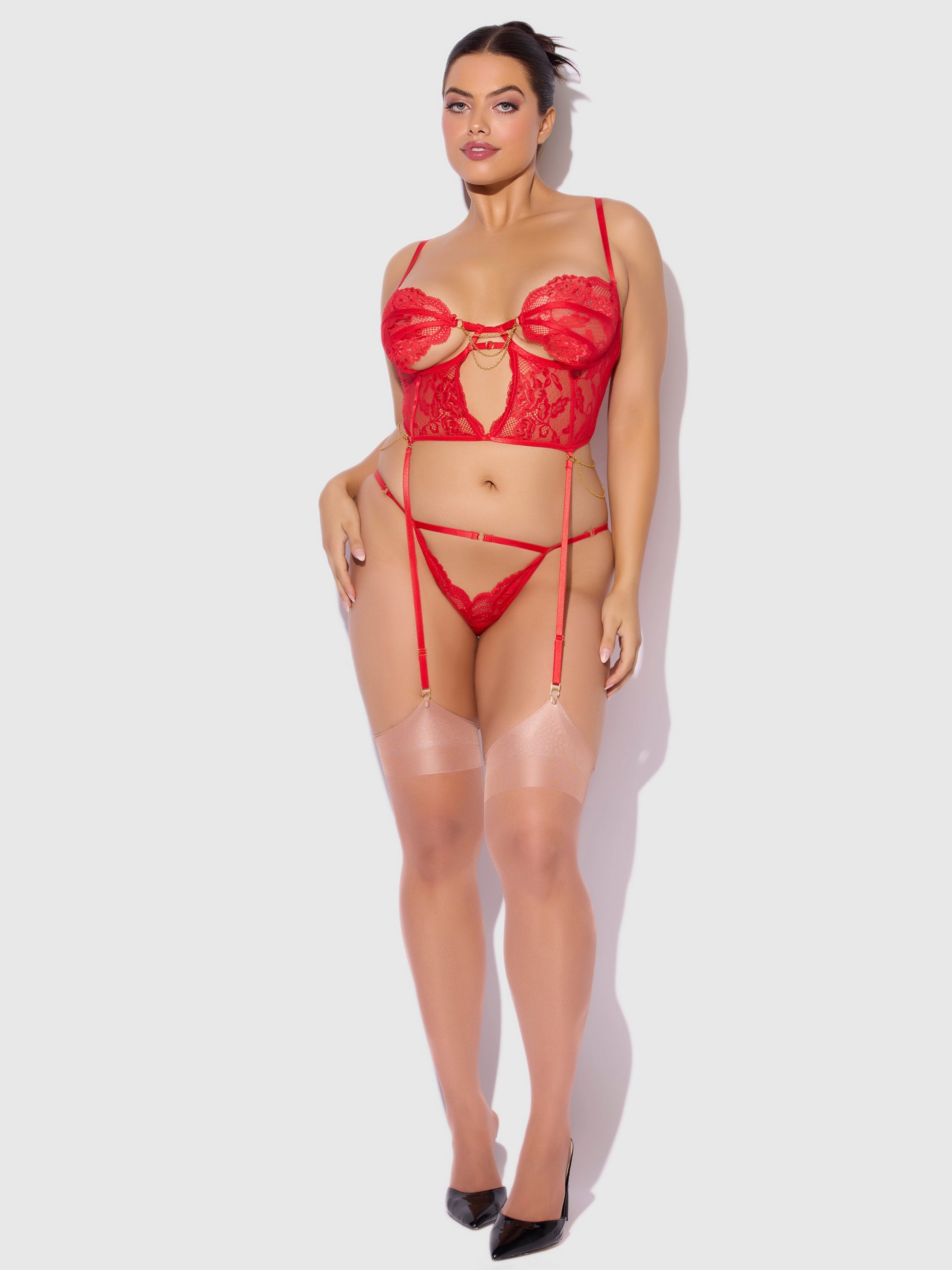 House of Desire Cecily Lace & Chain Bustier & Backless Hipster Set Red