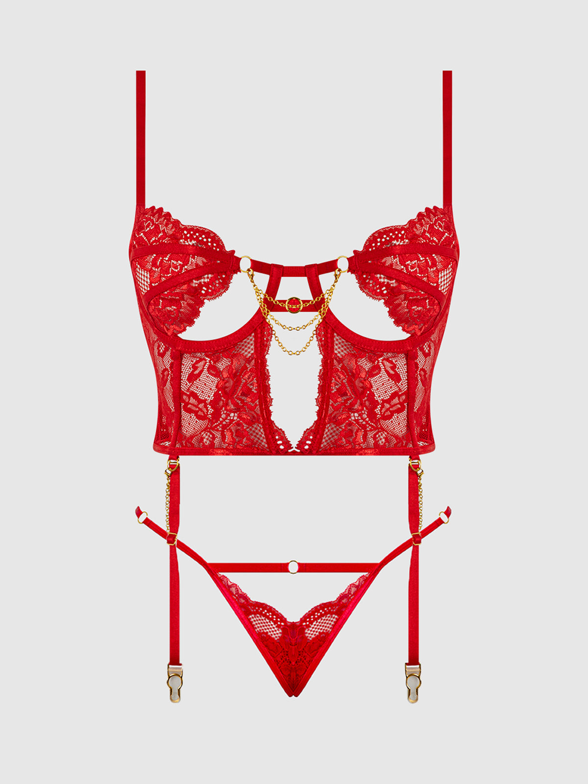 House of Desire Cecily Lace & Chain Bustier & Backless Hipster Set Red