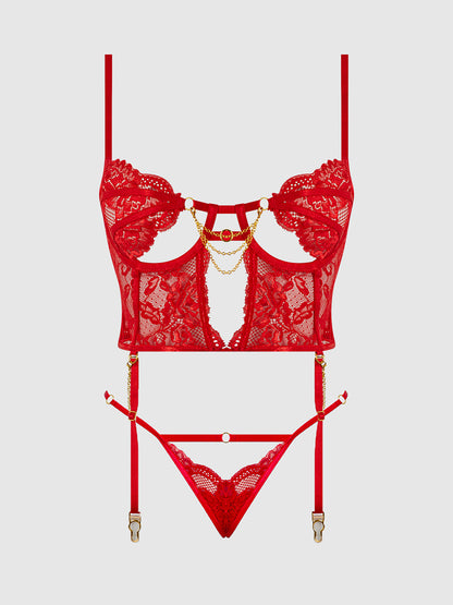 House of Desire Cecily Lace & Chain Bustier & Backless Hipster Set Red