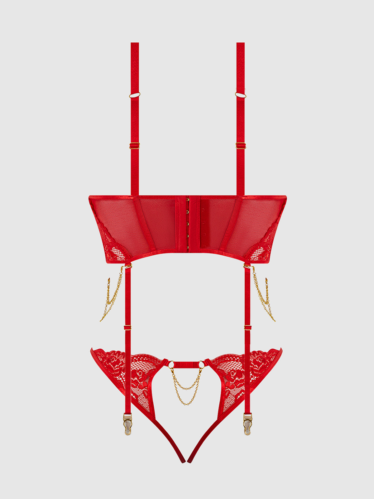 House of Desire Cecily Lace & Chain Bustier & Backless Hipster Set Red