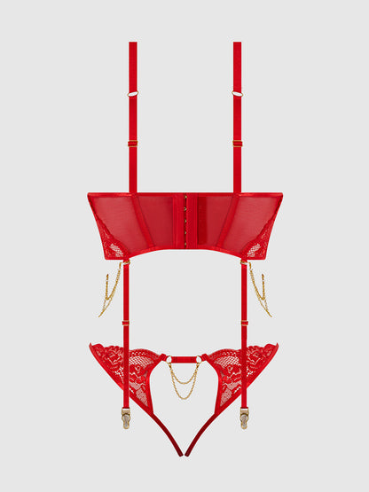 House of Desire Cecily Lace & Chain Bustier & Backless Hipster Set Red