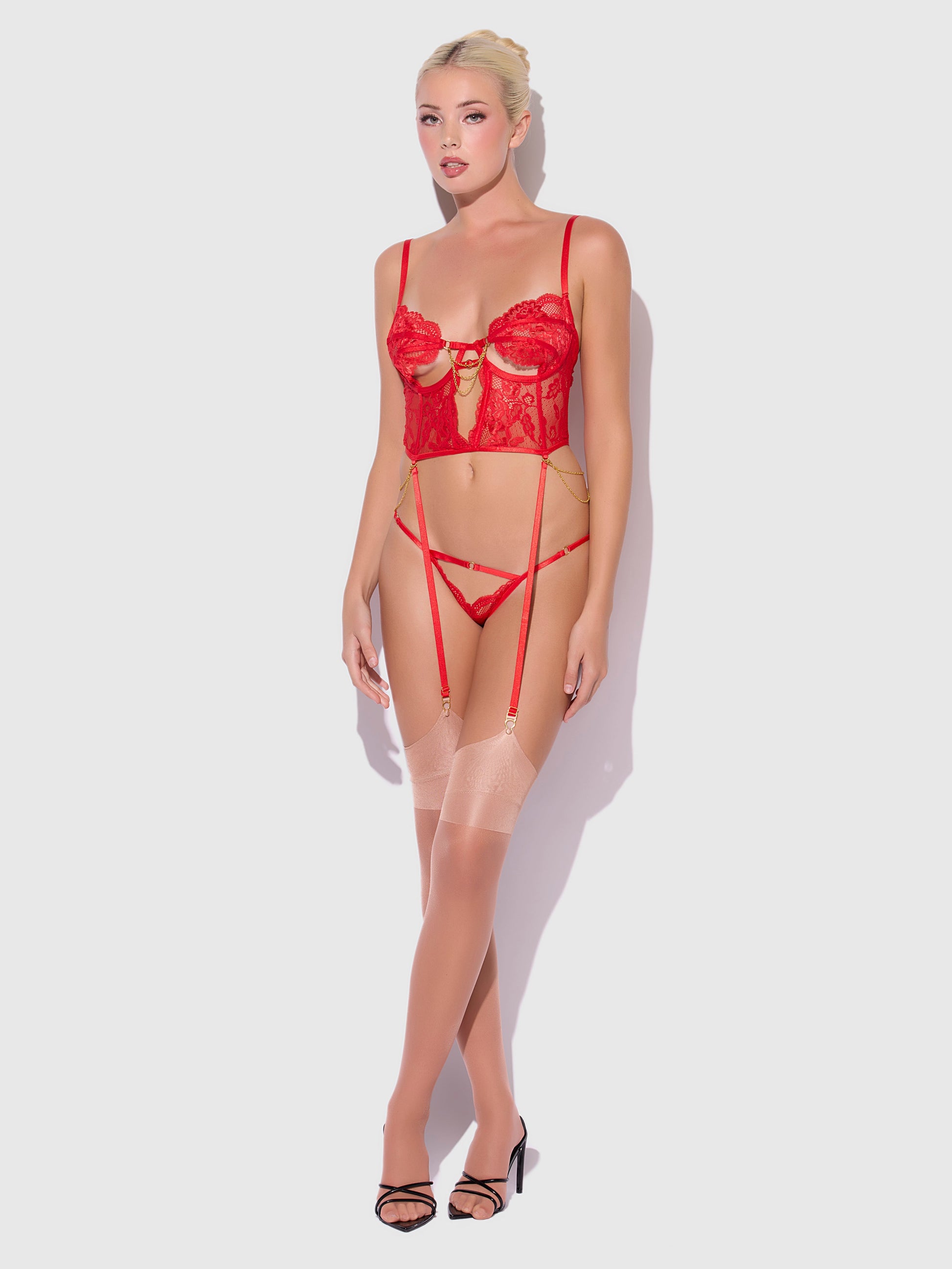 House of Desire Cecily Lace & Chain Bustier & Backless Hipster Set Red