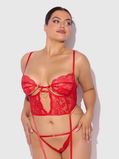House of Desire Cecily Lace & Chain Bustier & Backless Hipster Set Red