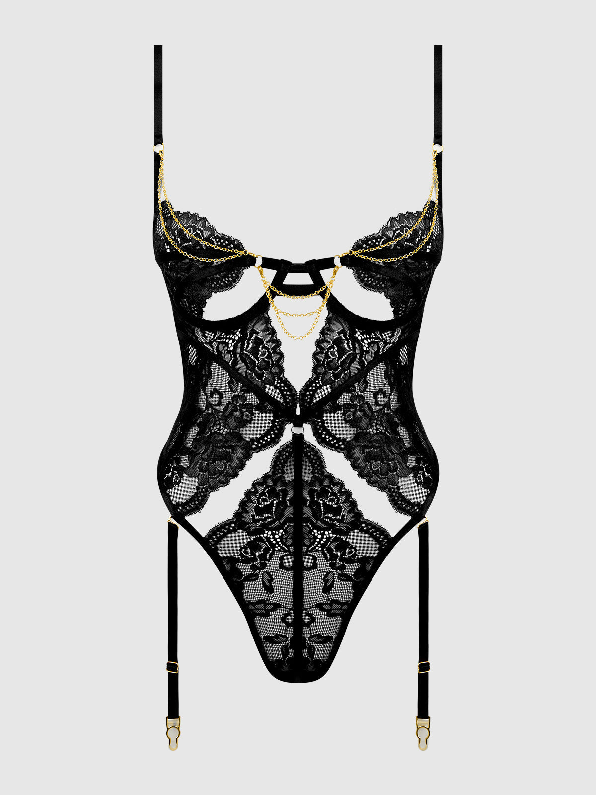 House of Desire Cecily Lace & Chain Gartered Teddy Black