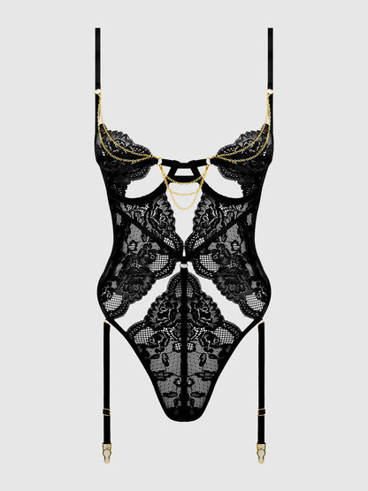 House of Desire Cecily Lace & Chain Gartered Teddy Black