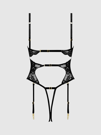 House of Desire Cecily Lace & Chain Gartered Teddy Black