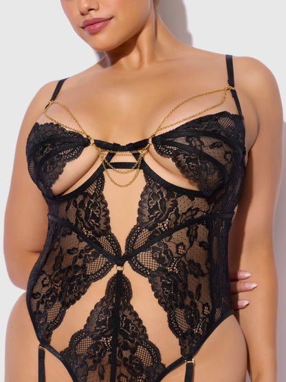 House of Desire Cecily Lace & Chain Gartered Teddy Black