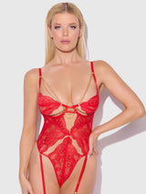 House of Desire Cecily Lace & Chain Gartered Teddy Red