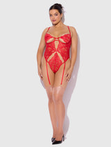 House of Desire Cecily Lace & Chain Gartered Teddy Red