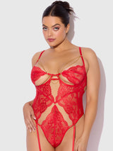 House of Desire Cecily Lace & Chain Gartered Teddy Red