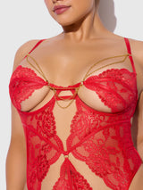 House of Desire Cecily Lace & Chain Gartered Teddy Red