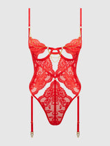House of Desire Cecily Lace & Chain Gartered Teddy Red