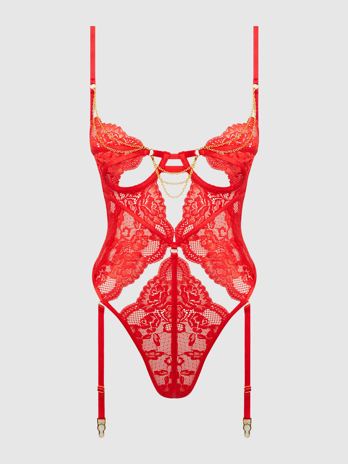 House of Desire Cecily Lace & Chain Gartered Teddy Red