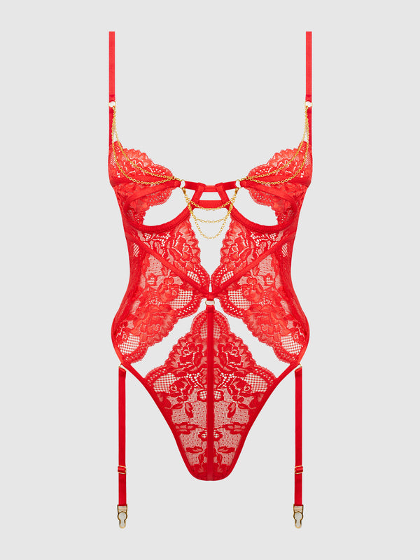 House of Desire Cecily Lace & Chain Gartered Teddy Red