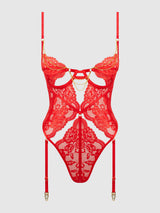 House of Desire Cecily Lace & Chain Gartered Teddy Red