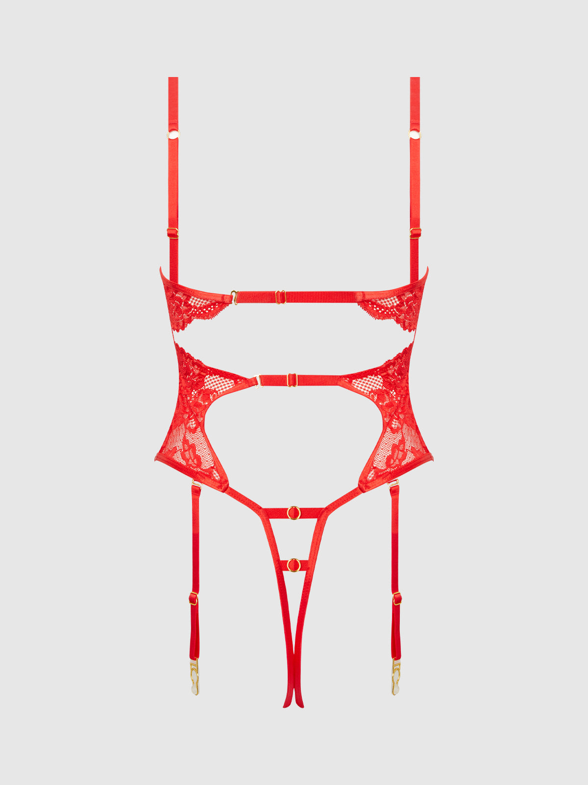 House of Desire Cecily Lace & Chain Gartered Teddy Red
