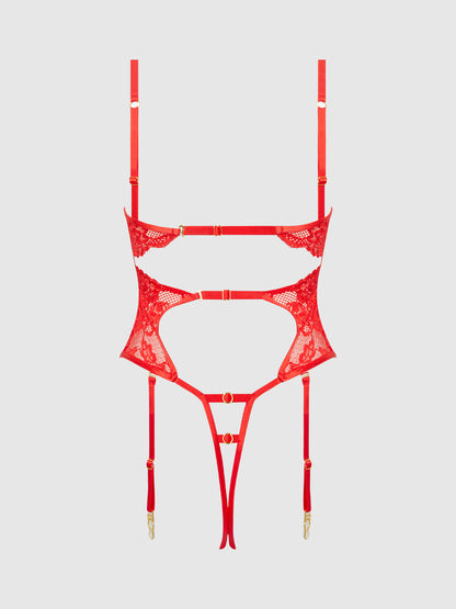 House of Desire Cecily Lace & Chain Gartered Teddy Red