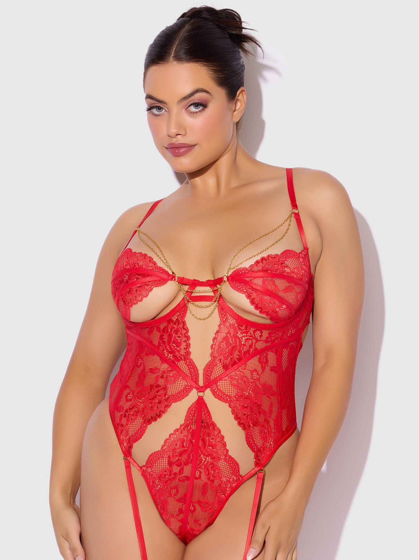 House of Desire Cecily Lace & Chain Gartered Teddy Red