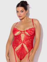 House of Desire Cecily Lace & Chain Gartered Teddy Red
