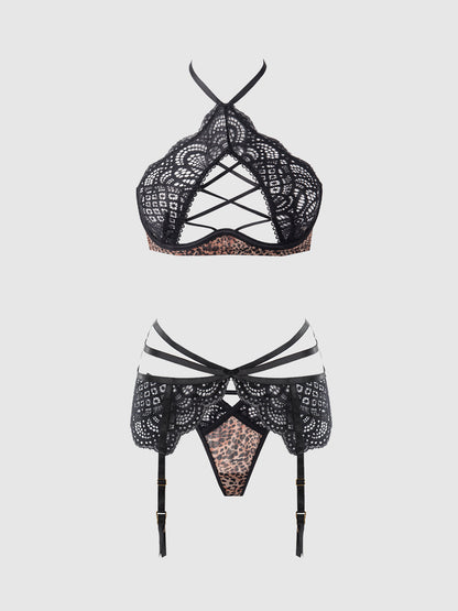 House of Desire Felicia Leopard Mesh & Lace Bra, Garter & G-String Set