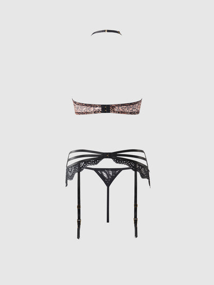 House of Desire Felicia Leopard Mesh & Lace Bra, Garter & G-String Set