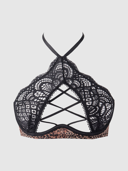 House of Desire Felicia Leopard Mesh & Lace Bra, Garter & G-String Set