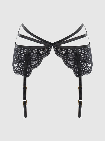 House of Desire Felicia Leopard Mesh & Lace Bra, Garter & G-String Set