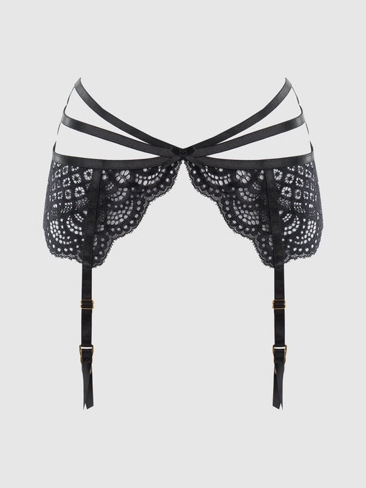 House of Desire Felicia Leopard Mesh & Lace Bra, Garter & G-String Set