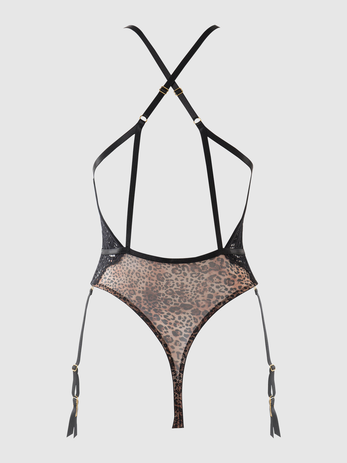 House of Desire Felicia Leopard Mesh & Lace Gartered Teddy