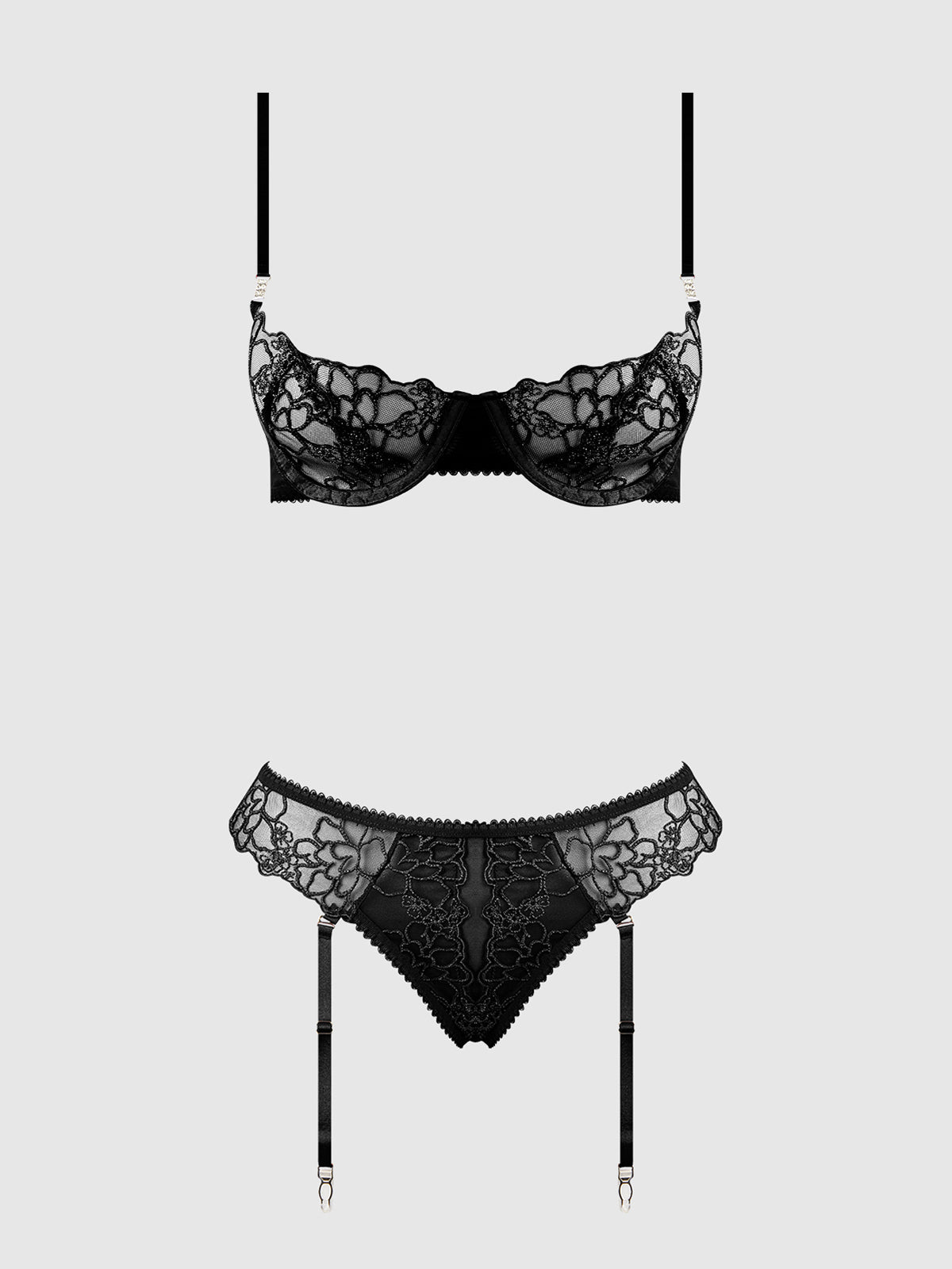 House of Desire Eden Embroidered Lace Bra and Backless Hipster Set Black