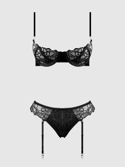 House of Desire Eden Embroidered Lace Bra and Backless Hipster Set Black