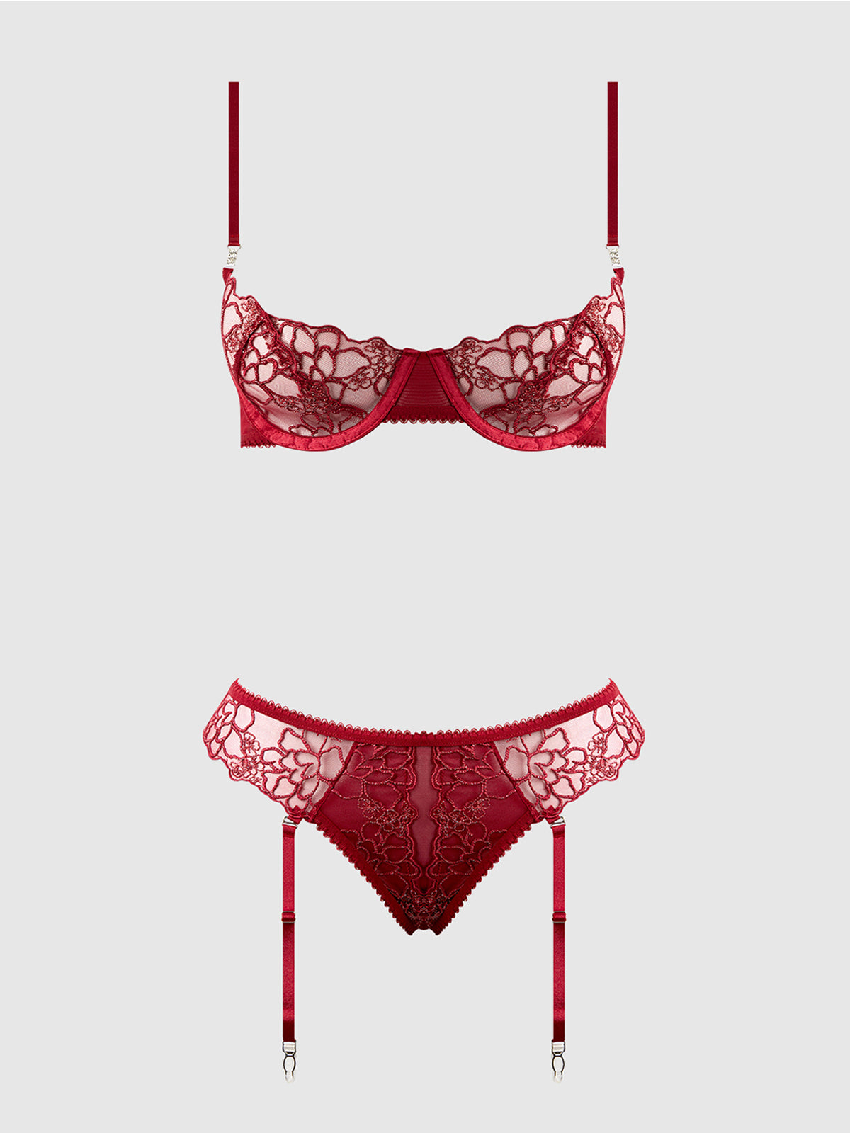 House of Desire Eden Embroidered Lace Bra and Backless Hipster Set Rhubarb