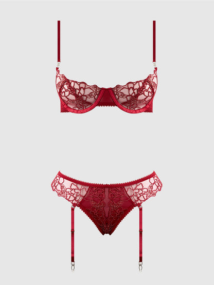 House of Desire Eden Embroidered Lace Bra and Backless Hipster Set Rhubarb