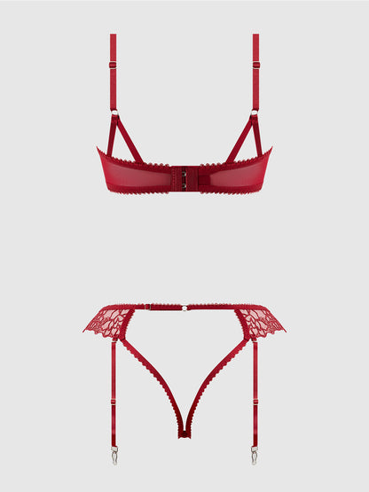 House of Desire Eden Embroidered Lace Bra and Backless Hipster Set Rhubarb