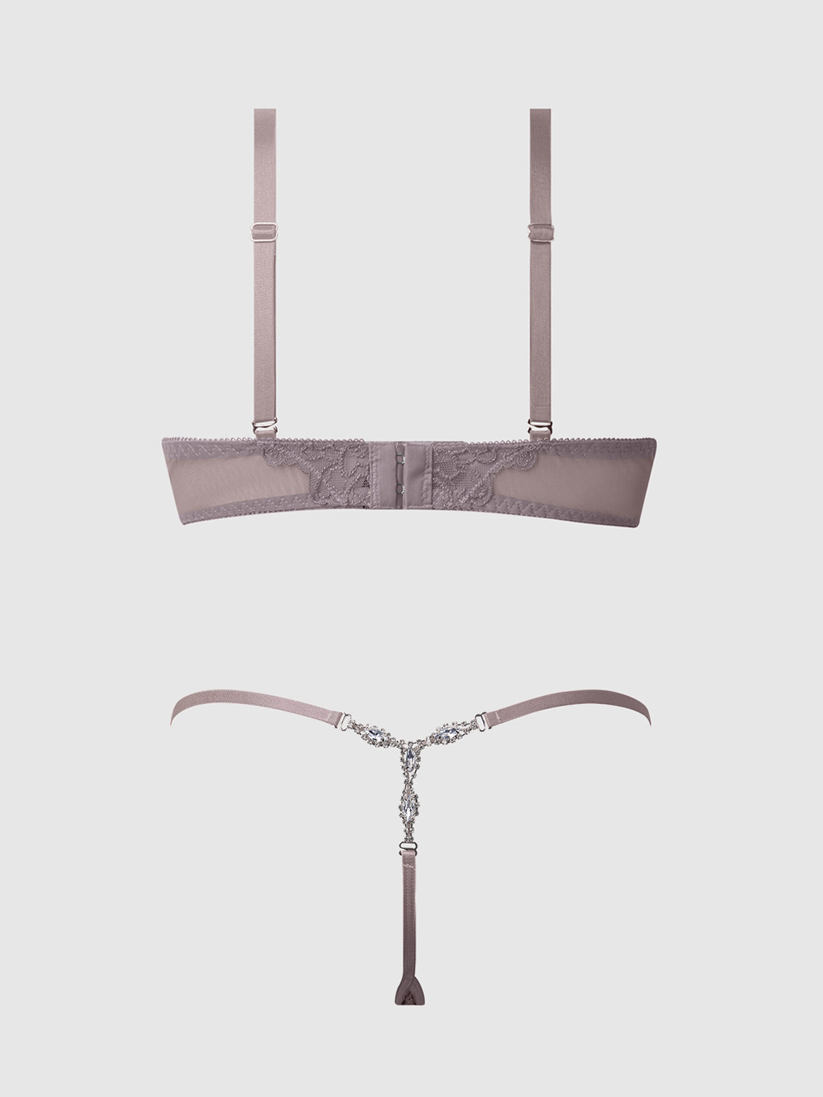 House of Desire Eden Embroidered Lace Satin Cups Bra & G-String Set Grey