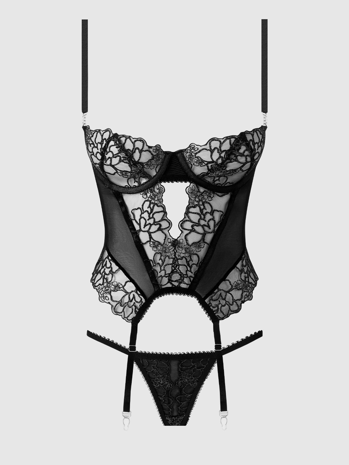 House of Desire Eden Embroidered Lace Bustier & G-String Set Black