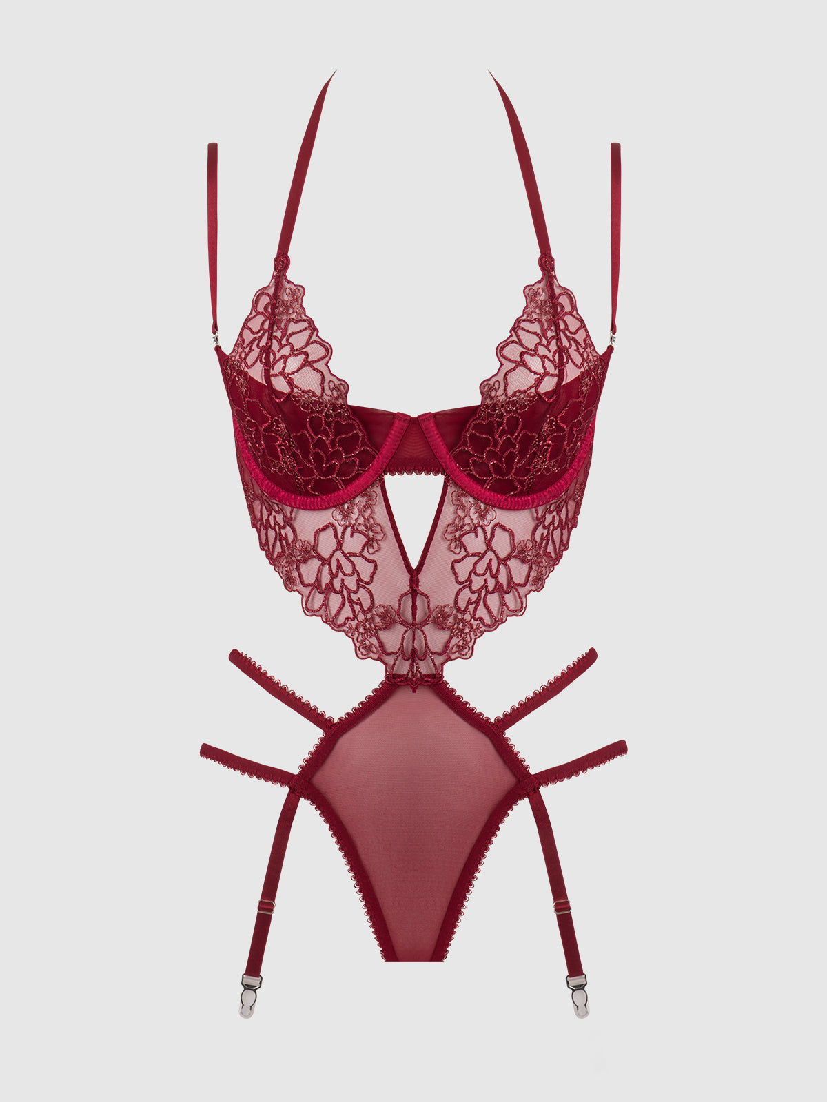 House of Desire Eden Embroidered Lace Gartered Teddy Rhubarb