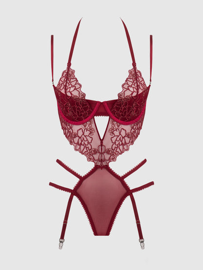 House of Desire Eden Embroidered Lace Gartered Teddy Rhubarb
