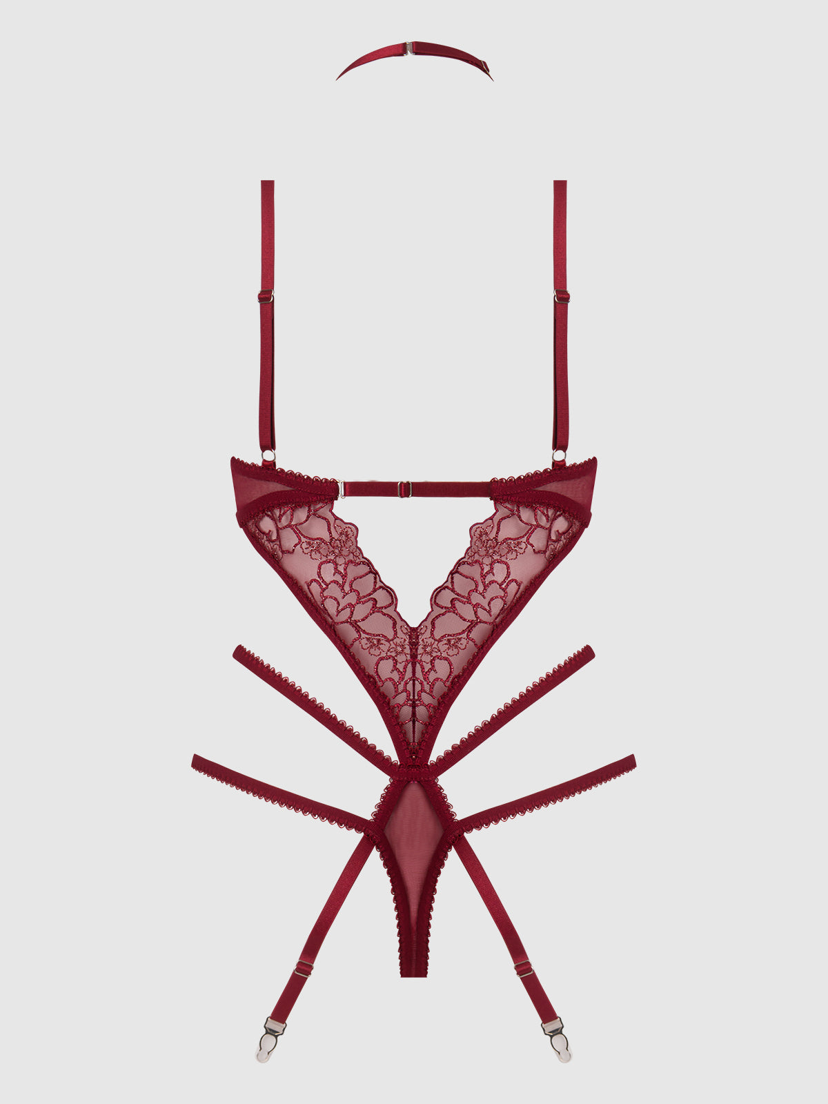 House of Desire Eden Embroidered Lace Gartered Teddy Rhubarb