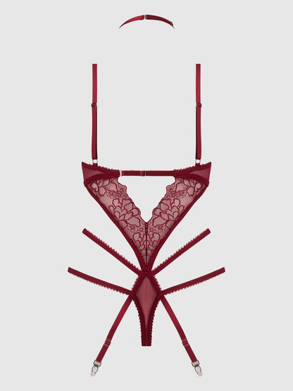 House of Desire Eden Embroidered Lace Gartered Teddy Rhubarb