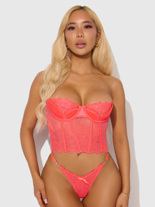 House of Desire Eden Embroidered Lace Bustier Bra & G-String Set Coral
