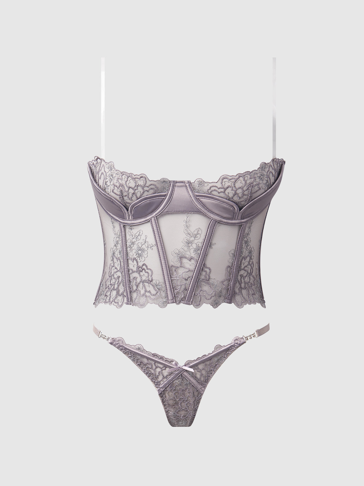 House of Desire Eden Embroidered Lace Bustier Bra & G-String Set Grey